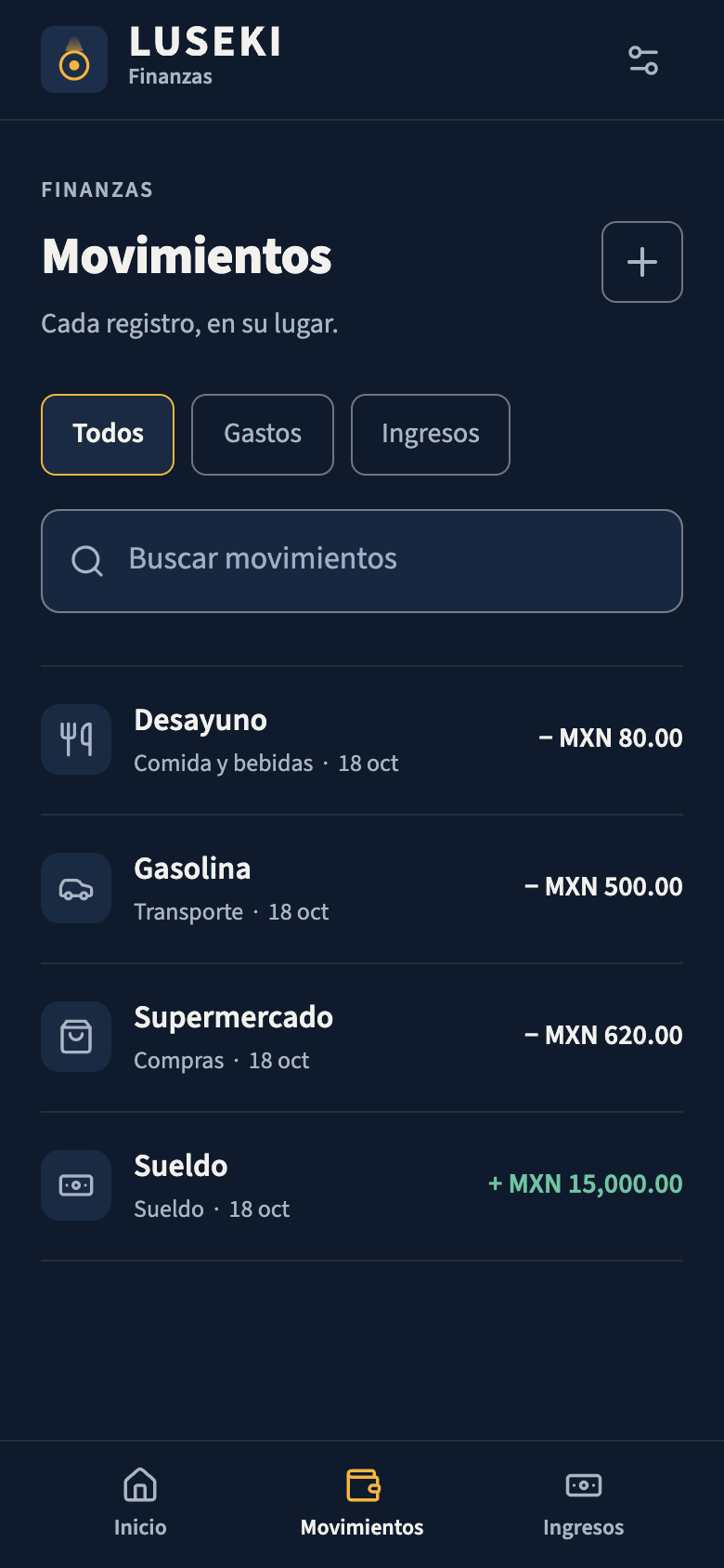 Historial real de Luseki con movimientos de ejemplo