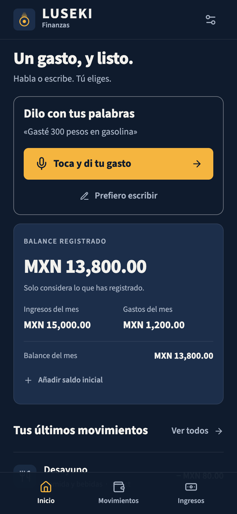 Pantalla real de Luseki en español: registro y balance con datos de ejemplo