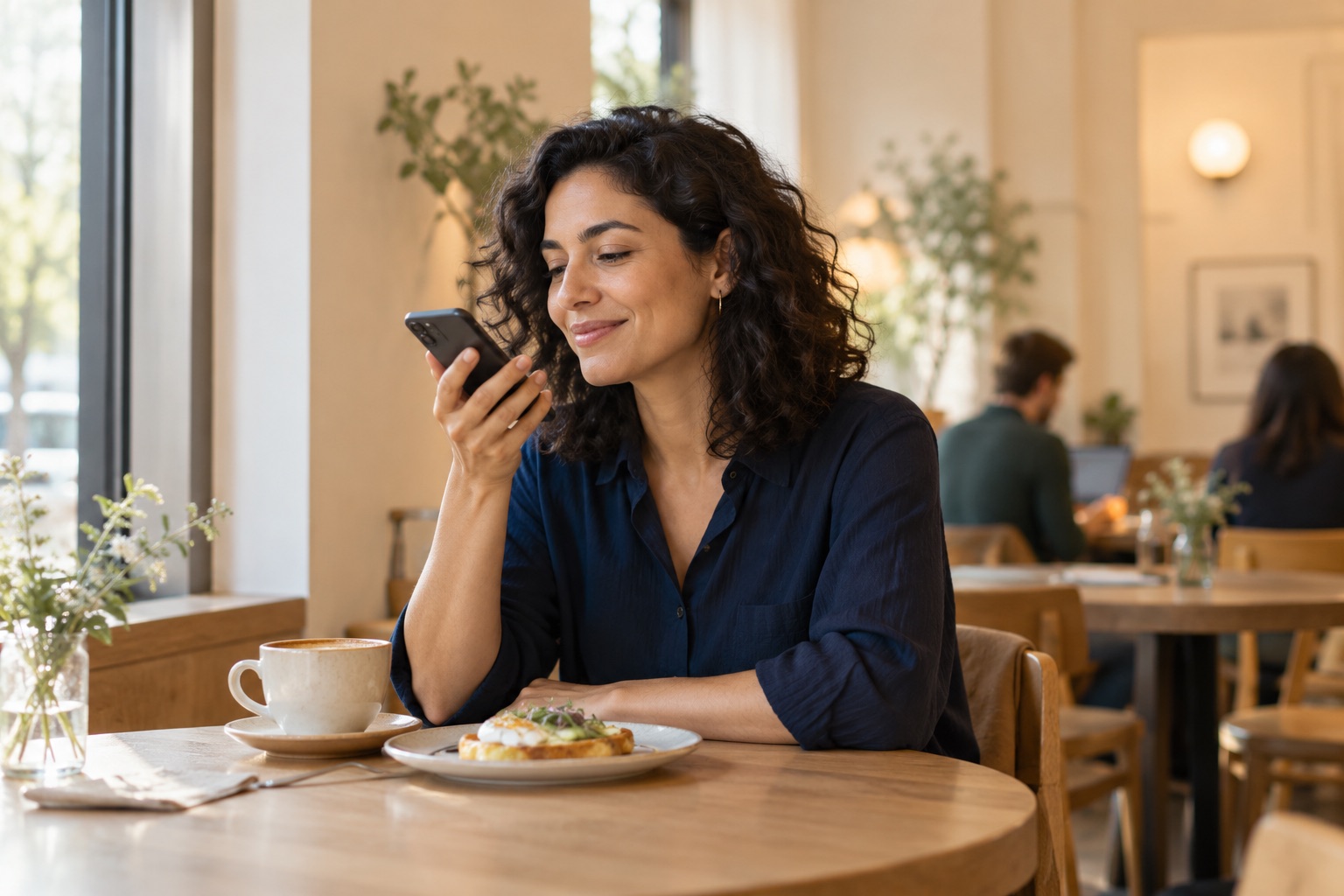 Una mujer dicta un gasto en su teléfono después de desayunar en una cafetería
